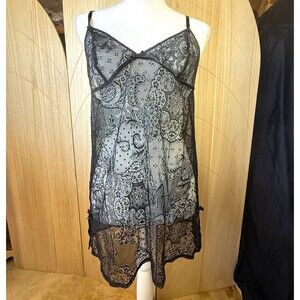 VTG Y2K 2000s Victorias Secret Black Lace Up Chemise Babydoll Top L Whimsigoth